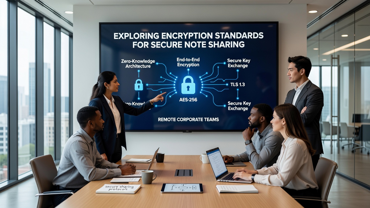 Secure note sharing interface displaying encrypted documents with remote team avatars