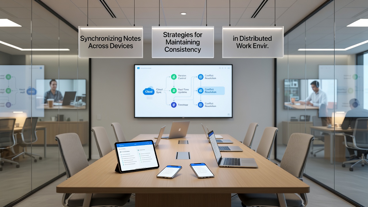 Team members reviewing synced notes on tablets during a distributed meeting